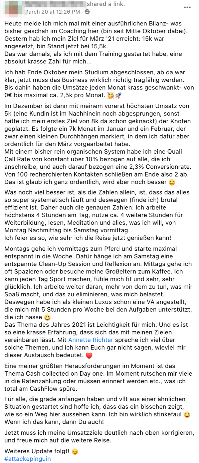 Kundenergebnis der Agentur Consulting (Alexander Heeg, Heeg Consulting GmbH) – Screenshot aus der privaten Kunden-Community