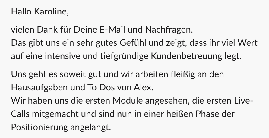 Kundenergebnis der Agentur Consulting (Alexander Heeg, Heeg Consulting GmbH) – Screenshot aus der privaten Kunden-Community