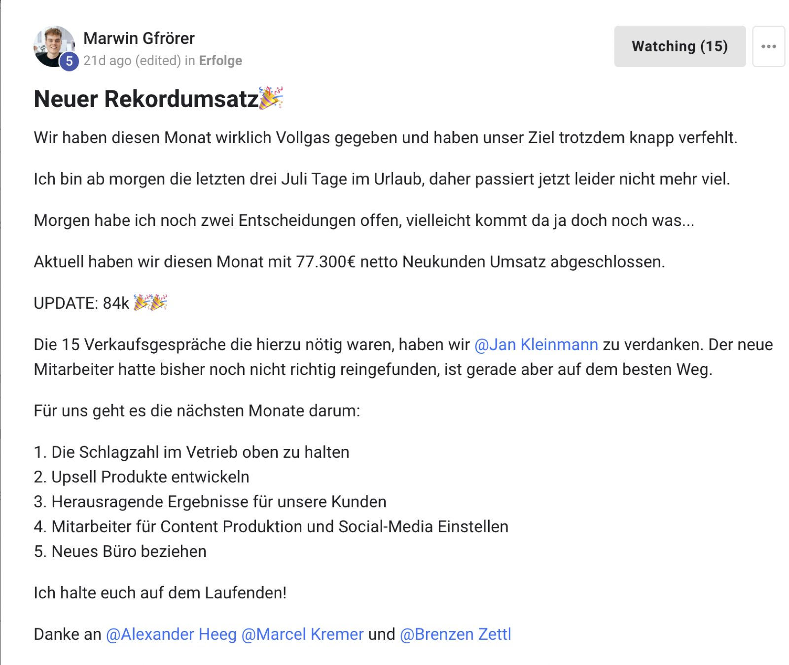 Kundenergebnis der Agentur Consulting (Alexander Heeg, Heeg Consulting GmbH) – Screenshot aus der privaten Kunden-Community