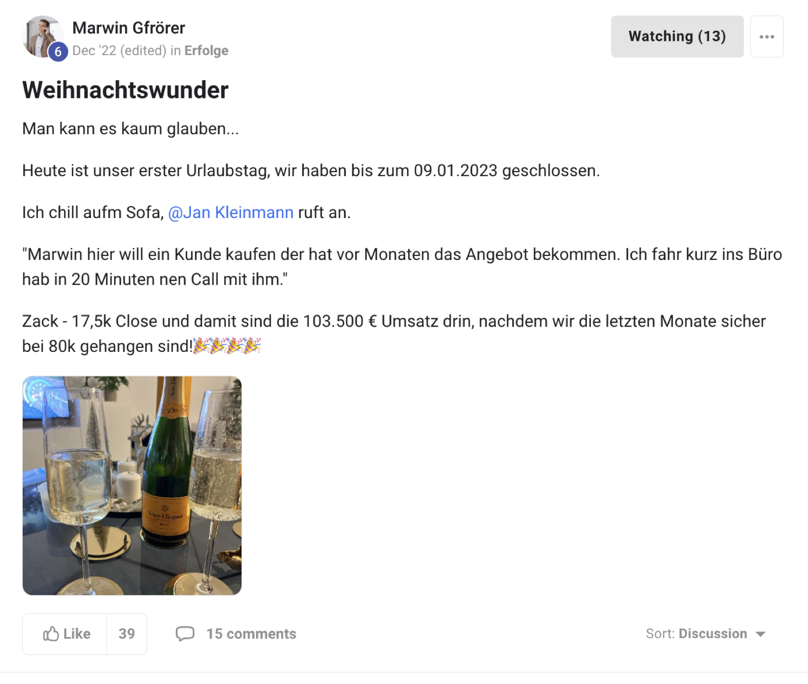 Kundenergebnis der Agentur Consulting (Alexander Heeg, Heeg Consulting GmbH) – Screenshot aus der privaten Kunden-Community
