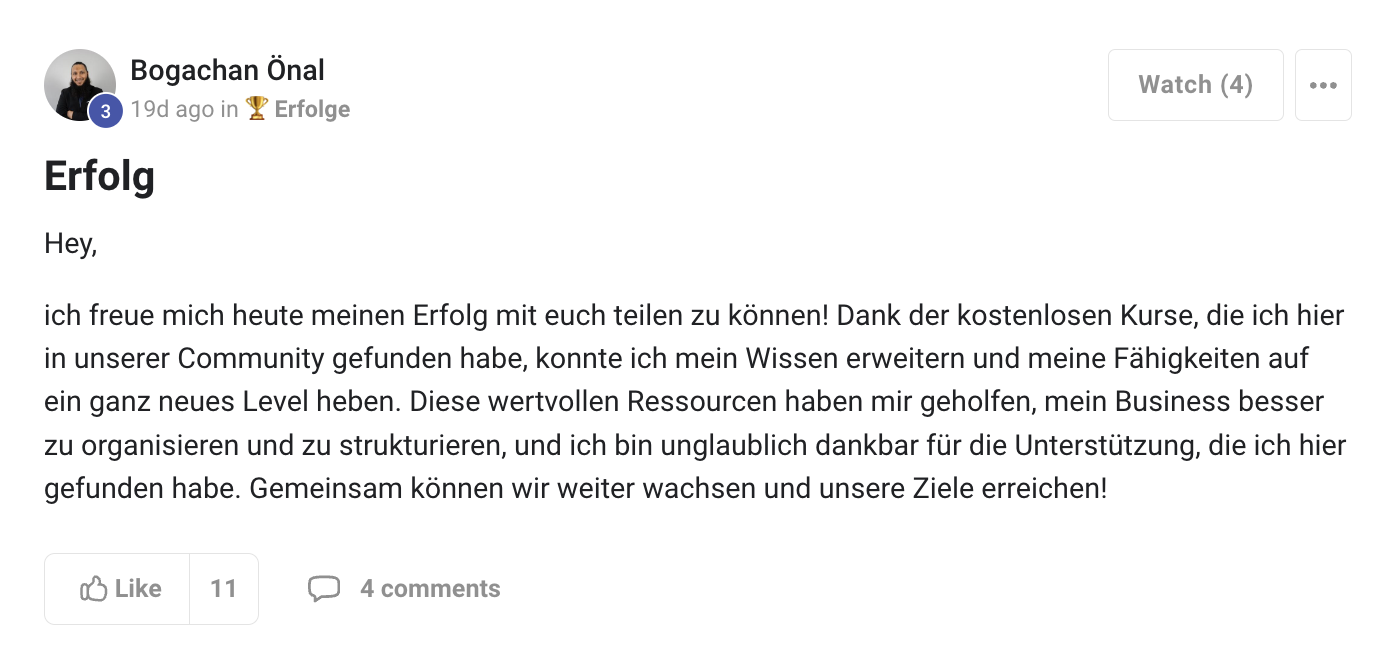 Kundenergebnis der Agentur Consulting (Alexander Heeg, Heeg Consulting GmbH) – Screenshot aus der privaten Kunden-Community