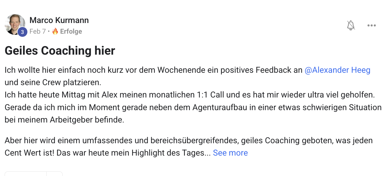Kundenergebnis der Agentur Consulting (Alexander Heeg, Heeg Consulting GmbH) – Screenshot aus der privaten Kunden-Community